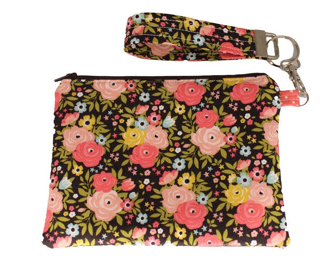 Brown and Pink Floral Carly Wristlet