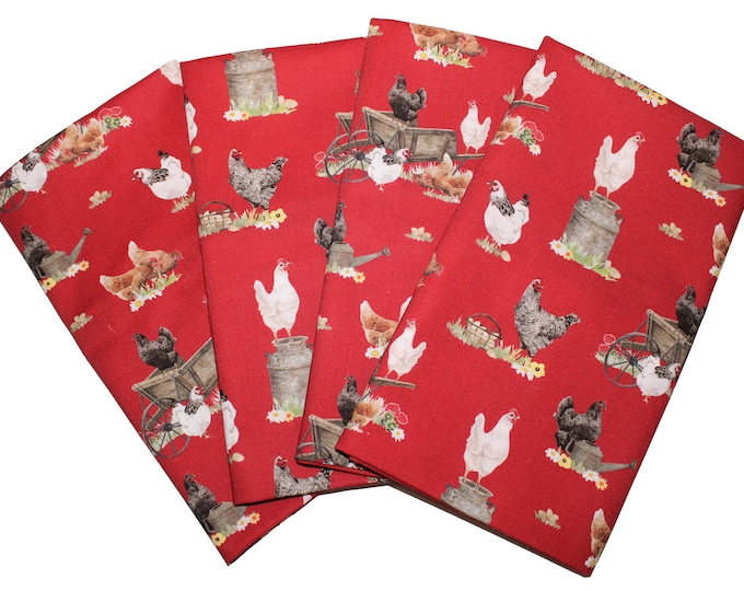 Chickens on Red  Floral  Cloth Napkin
