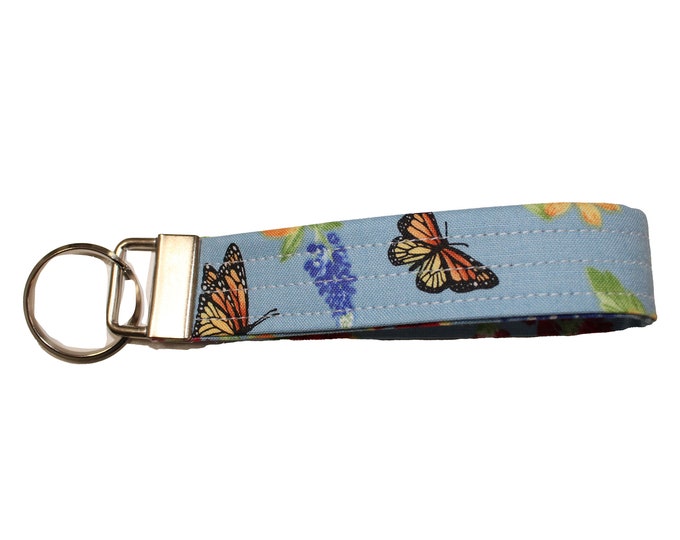 Bee on Blue Floral Fabric Keychain