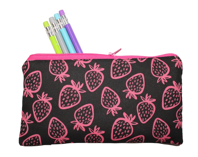 Emily Pencil Pouch Strawberry on Black