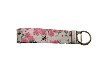 Bee on White and Pink Floral Fabric Keychain