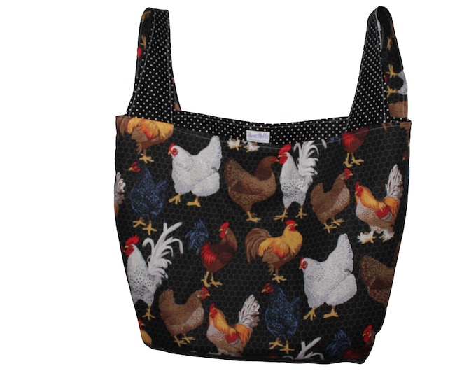 Chickens on Black  Reversible Market Bag