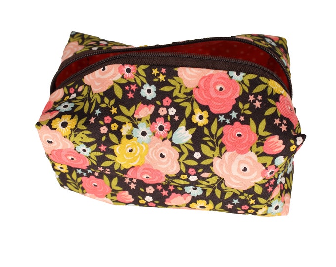 Dark Brown and Pink Floral Cosmetic Case