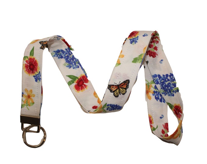 Butterfly on White Floral Lanyard