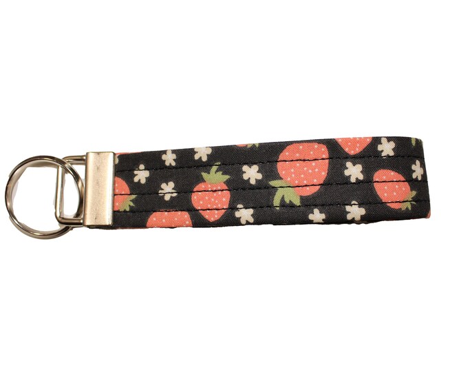 Strawberries on Black Fabric Keychain