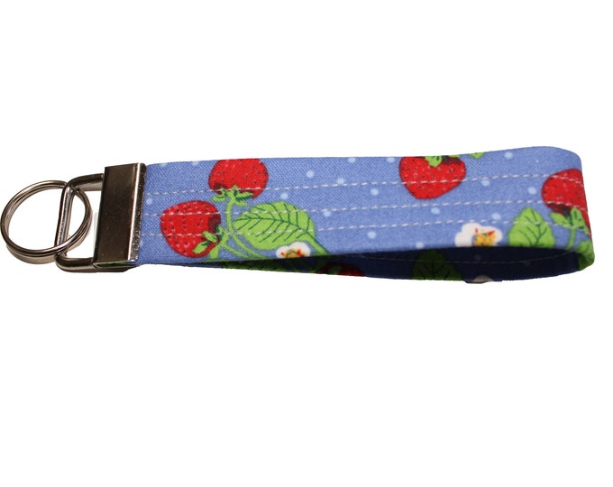 Strawberries on Blue  Fabric Keychain