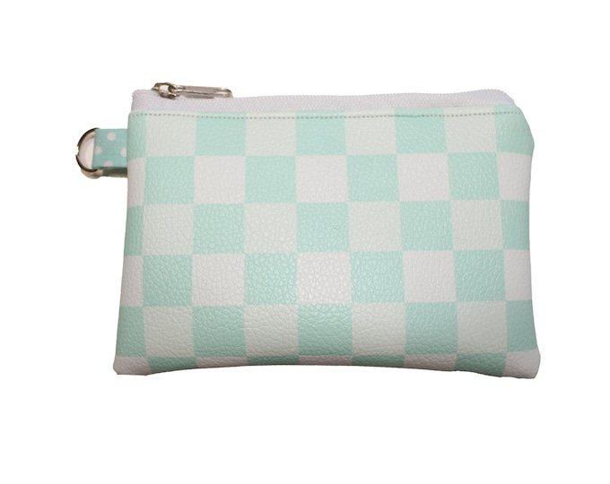 Pebbled Vinyl Coin Purse Aqua Checkered