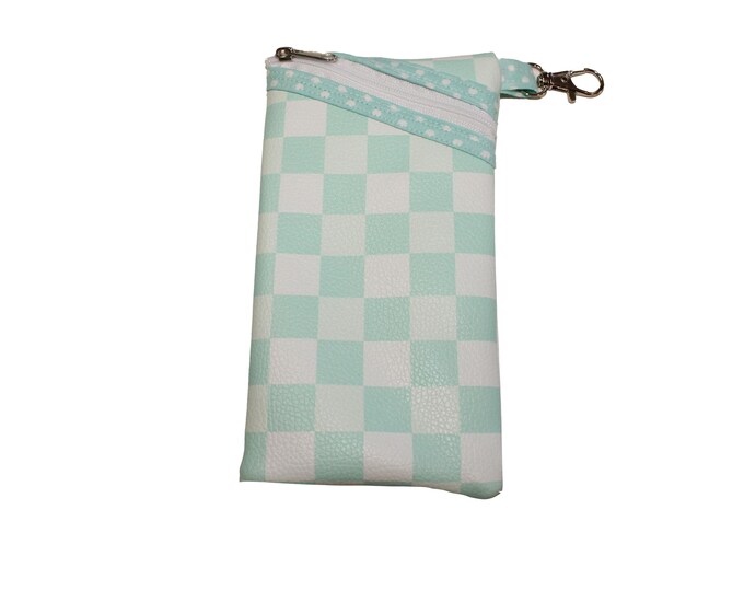 Sunglass / Eyeglass Case Pebbled Vinyl Aqua Checkers