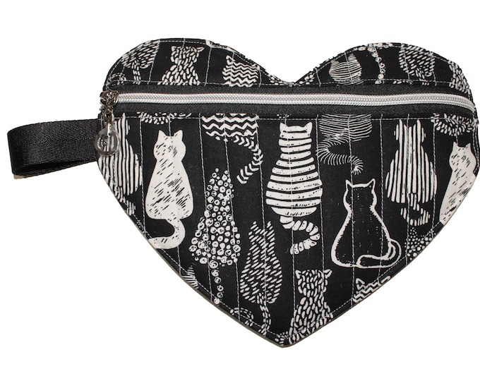 Quilted Heart Pouch Cats on Black