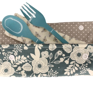 May include: A teal blue reusable cutlery set with a spoon and fork, inside a fabric pouch with a floral pattern. The pouch has a brown and white polka dot lining.