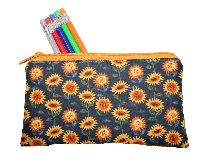Emily Pencil Pouch Sunflower on Navy Blue