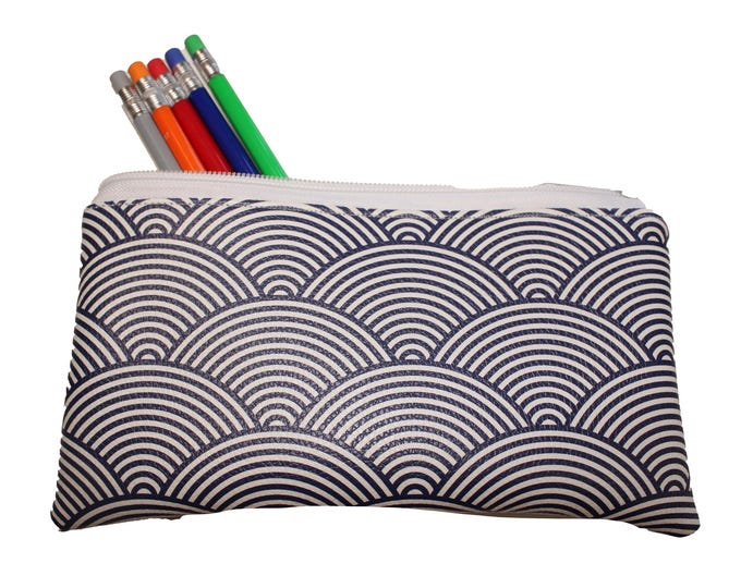 Emily Pencil Pouch Pebbled Vinyl Navy Japanese Arch