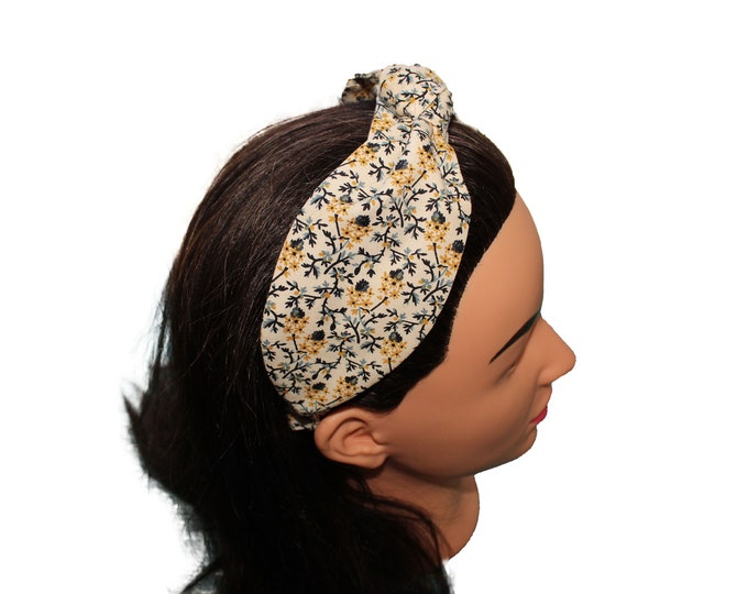 Tan and Navy Blue Floral  Knotted Headband