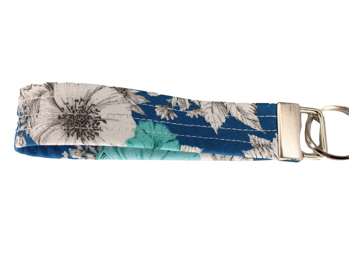 Teal Floral Fabric Keychain