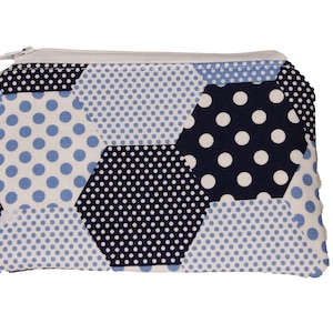 Puede incluir: Pequeño neceser rectangular con cierre de cremallera. La tela presenta un diseño de patchwork de lunares azules y blancos de varios tamaños y tonos. La cremallera es de color gris claro.