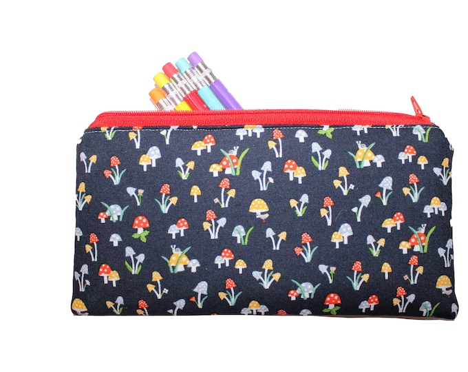 Emily Pencil Pouch Mushrooms on Navy