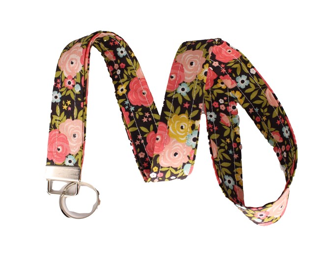 Dark Brown and Pink Floral Lanyard