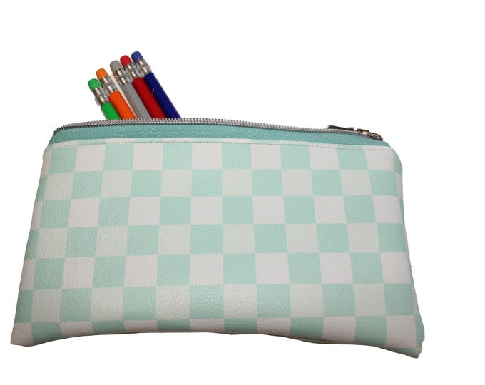 Emily Pencil Pouch Pebbled Vinyl Aqua Checkers