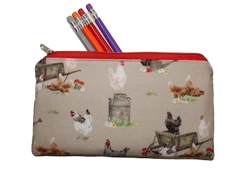 Emily Pencil Pouch Chickens on Tan