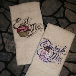 PAIR hand towels - Eat Me & Drink Me - Alice in Wonderland 15 x 25 inch for kitchen / bathroom MORE COLORS terry cloth