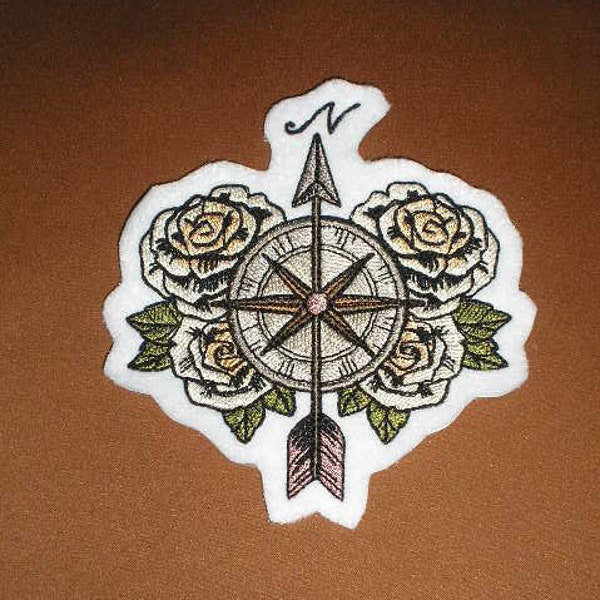 Embroidered Patch / applique - compass and roses - sew, glue or iron on patch travel steampunk arrow