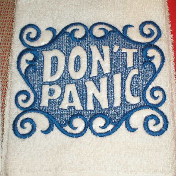 your colors hand Towel "Don't Panic" Embroidered Hitchhikers guide to the galaxy homage terry cloth housewares home decor sci fi theme