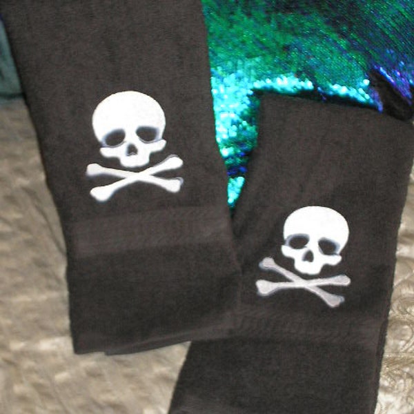 PAIR of hand towels - Skull and crossbones design - EMBROIDERED 15 x 25 inch for kitchen / bathroom skull ktichen towels pirate bathroom