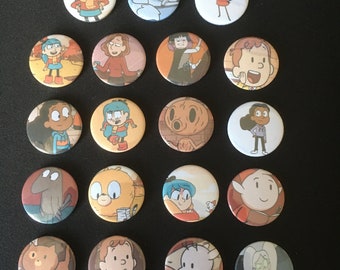 Inspired by Hilda! Button Badges! Pin Badges! 25mm! 38mm! Alfur! Twig! Kaisa! David! Freda! Woodman! Peppercorn! Great Raven! Woff! Marra!