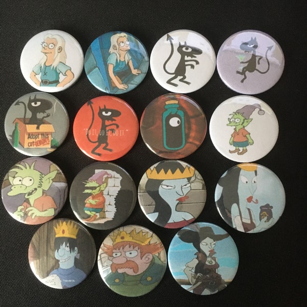 Inspired by Disenchantment! Button Badges! 25mm! 38mm! Pin Badges! Tiabeanie! Elfo! Luci! Derek! Oona! King Zog! Birthdays! Gift!