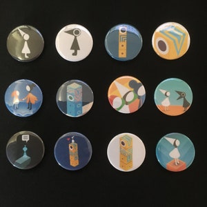 May include: Twelve round pins featuring various illustrations from the video game "A Hat in Time". The pins depict characters, objects, and locations from the game, including a bird wearing a hat, a tower, and a creature with a long beak.