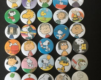 Inspired by Peanuts. Snoopy. Charlie Brown. Woodstock. Handmade in the North East. Button Badge.! Pin Badges. 25mm. 38mm. Birthdays.