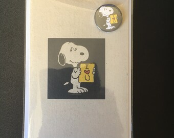 Card! Inspired by Snoopy! Birthday Card! Valentine's Day! Greetings Card! All Occasions! Free Button Badge! 25mm Badge! 38mm Badge!