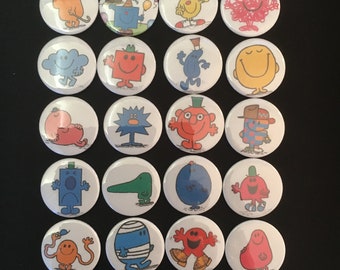 Inspired by Mr Men! Pin Badges! 25mm! 38mm! Mr Happy! Mr Bump! Mr Mischief! Gift! Birthdays! Party Bags! Mr Impossible! Mr Tickle!