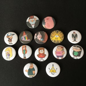 Inspired by Gravity Falls!!! Button Badges! Pin Badges! 25mm! 38mm! Mabel! Dipper! Wendy! Soos! Stan! Bill Cipher! Gnome! Waddles! Robbie!