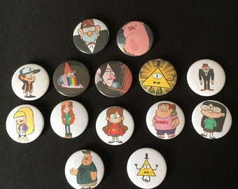 Inspired by Gravity Falls!!! Button Badges! Pin Badges! 25mm! 38mm! Mabel! Dipper! Wendy! Soos! Stan! Bill Cipher! Gnome! Waddles! Robbie!