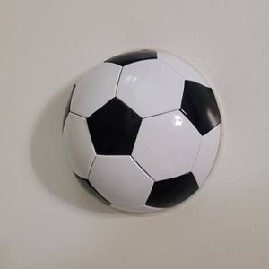 May include: A black and white soccer ball with a glossy finish.