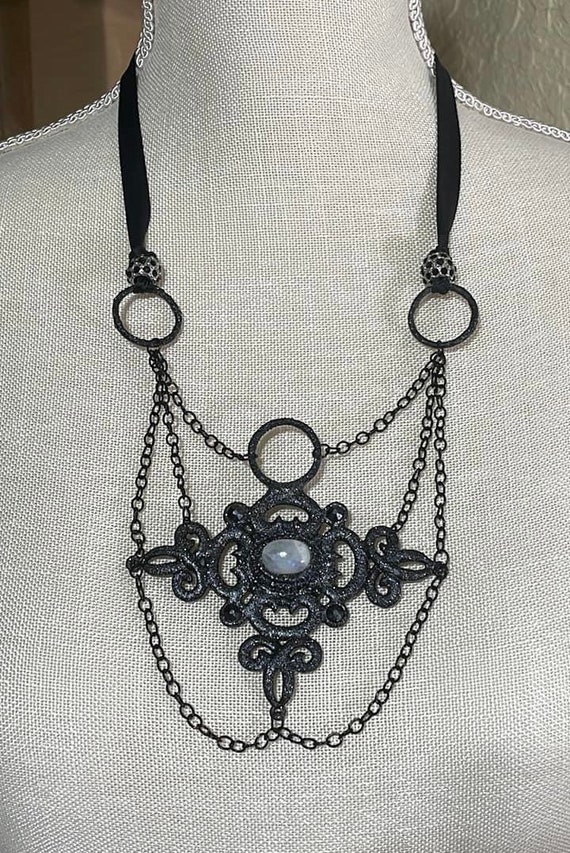 Beautiful Gothic inspired Black glitter, Moonstone and Swarovski Crystal Bib or Choker Necklace