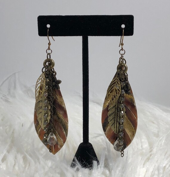 Large Enameled Silver Leaf Dangle Earrings with Open Leaves, Stars, Rhinestones and Pearls