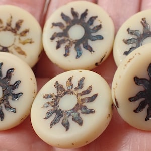 2 Pcs Beige Brown Sun Czech Glass Beads - 22x5mm Round Thick Coin Beads - Large Czech Glass Sun - Beige Brown Wash Pressed Glass Bead #S8193