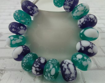 16 Pcs Navy Green Rondelle Beads Frosted Glass Beads Navy Blue Teal Green White Spots #T1798-LW 10x7mm Smooth Finish Beads