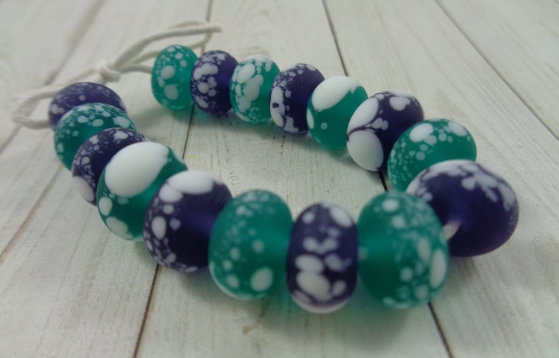 16 Pcs Navy Green Rondelle Beads Frosted Glass Beads Navy Blue Teal Green White Spots #T1798-LW 10x7mm Smooth Finish Beads