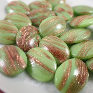 5 Pcs Vintage Glass Buttons - Oval Smooth Gold Glitter Glass Buttons - Vintage Green Gold Glitter Opaque Sparkly Glass Oval #T2025 - Buttons