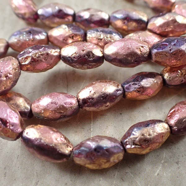 12 Pcs Copper Pink Glass Beads - Oval Faceted Etched - 12x8mm Czech Glass Beads - Metallic Copper Firepolished Beads - Copper Rainbow #S5921
