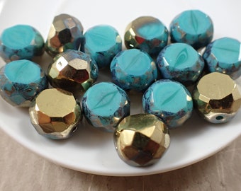 15 Pcs Sea Green Gold Table Cut Czech Glass Beads - Round Faceted Flat Sides - Metallic Gold Turquoise Beads - 12x8mm Czech Glass #S5871