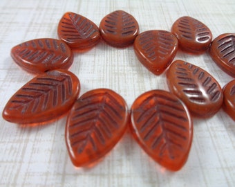 6 Picasso Finish Dogwood Leaf Beads 16x12mm Orange Brown Wash Czech Glass Beads Burnt Orange Pressed Glass Dogwood Leaves Orange Bead #S3882