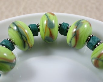 8 Pcs Lime Green Lampwork Glass Bead Set - Smooth Finish Rondelles 19x8mm - Green Lime Teal Brown - Glass Lampwork Bead Set Green #T1835-LW