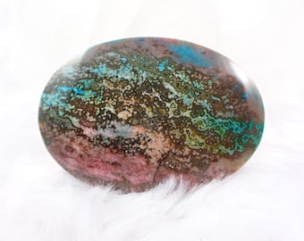 Färgglad Ocean Jasper Kristall Cabochon - Oval Formad Polerad Cabochon - Rosa Blå Grön Färgad Ocean Jasper - 1,75 Tum Platt Baksida Slät #S8287