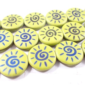 8 Pcs Chartreuse Sun Laser Tattoo Beads - Czech Glass Pressed Beads - Coin Shaped 17mm Glass Sun Beads - Green Blue Matte Glass Beads #S5141