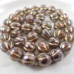 20 Pcs Amber Brown Bronze Finish Czech Glass Beads - 8mm Round Fluted Faceted Melon Beads - Brown Bronze Luster Gold Finish Beads #S8071