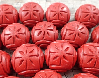 16 Pcs Red Cinnabar Coin Shaped Beads - Large Thick Flower Carving - Big Red Beads 24x18mm - Full Strand Thick Red Cinnabar Coin Bead #S5705